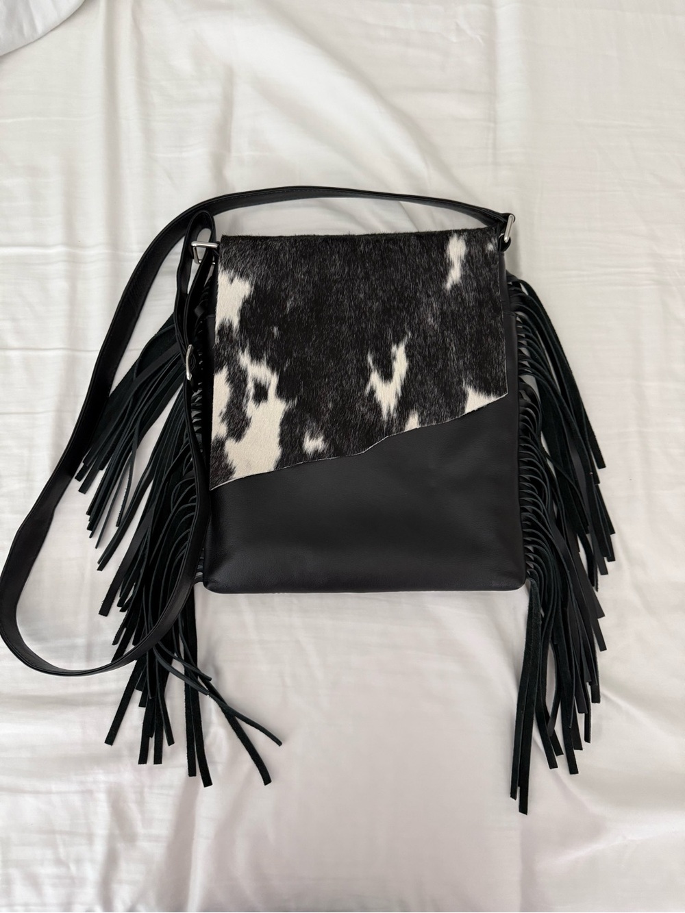 Black Fringe genuine leather Crossbody with Black & White cow hide Panel